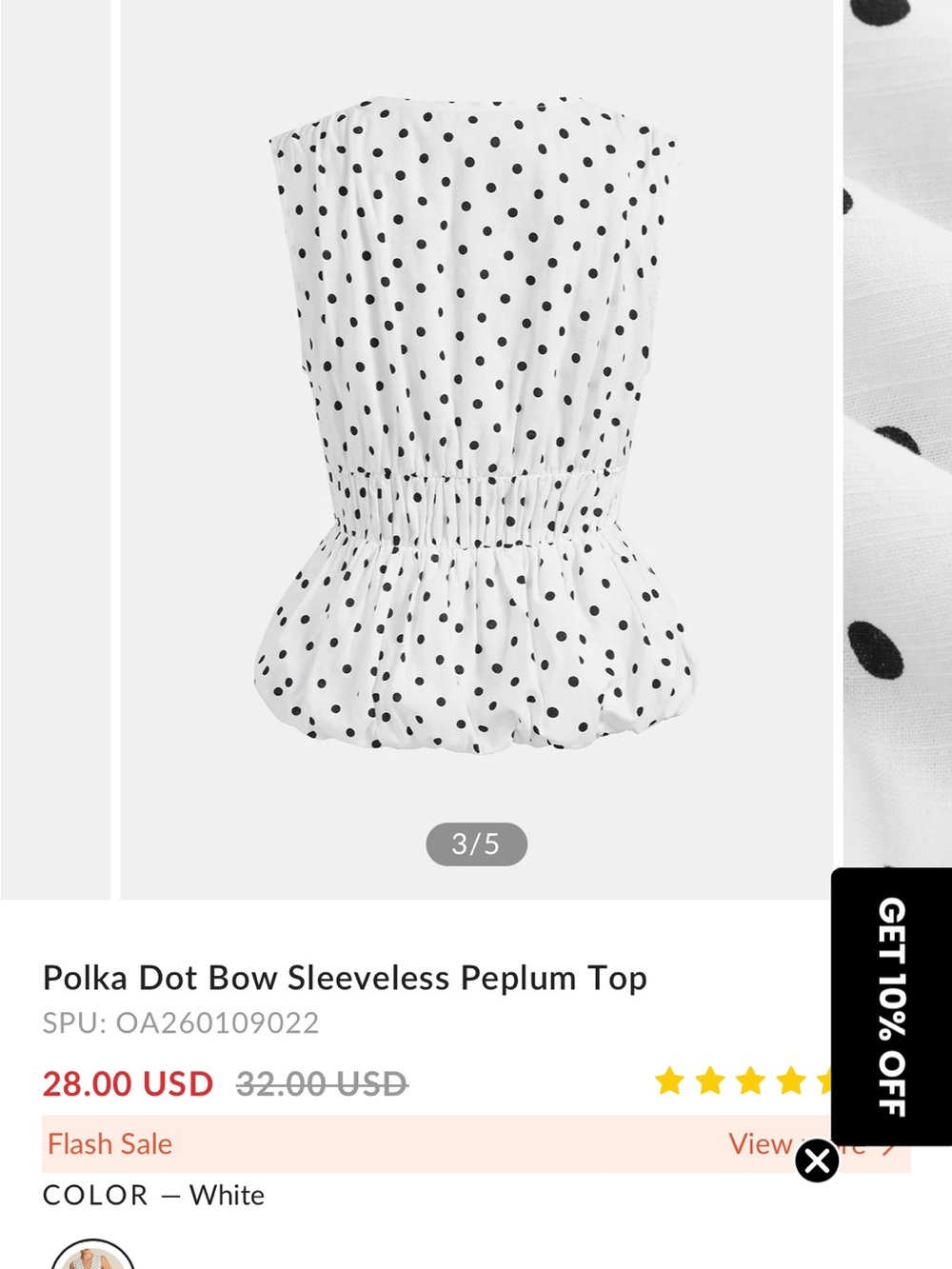 Commense White Polka Dot Sleeveless Peplum Top with Black Bow - Picture 3 of 5